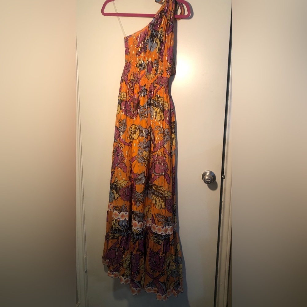 JUST BELLINA Women X-Small Orange Printed One Shoulder Maxi Dress